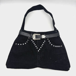 Vintage 90s Upcycled Roughrider Jeans Rhinestone Concho Shoulder Purse 18.5x10"